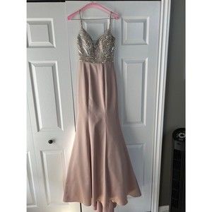 La Femme Champagne Stretch Satin Prom Dress Gown with Crystal Embellishment
